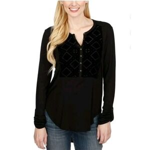 Lucky Brand Women's Velvet Burnout Henley Shirt Black Long Sleeve Top BOHO
